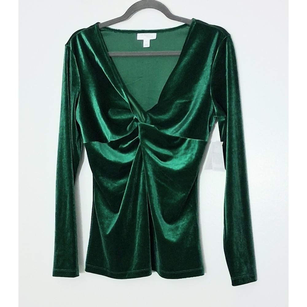Morgan Taylor Blouse Size Large Green Velvet Twist Front Babydoll V-Neck NEW